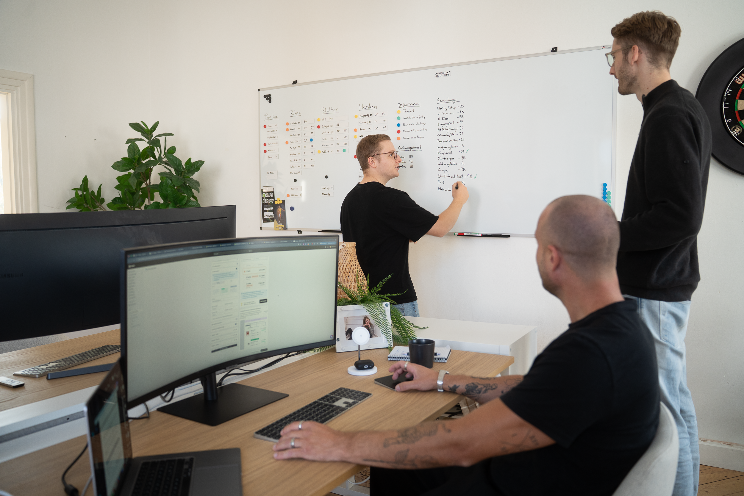 Drei Männer in einem Büro, einer steht vor einem Whiteboard und schreibt, zwei sitzen an Schreibtischen mit Computern.